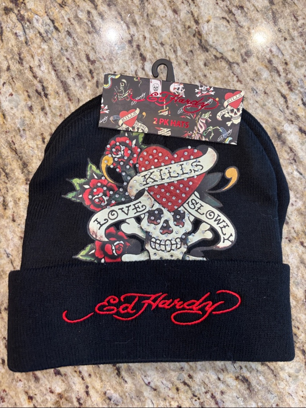 Ed Hardy Black 2 pack Beanie with Red Embroidered Logo & Skull Heart Graphic